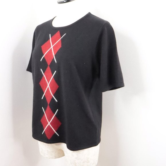 Sag Harbor Women's M Vintage Black Argyle Diamond Short Sleeve Acrylic Sweater - Picture 3 of 6